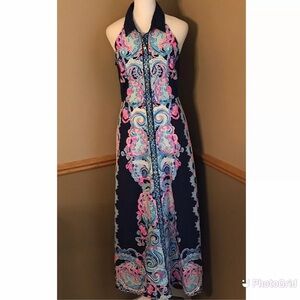 $248 Lilly Pulitzer 16 Novah Stretch Midi High Tide Navy Blue Dress Slit Cotton